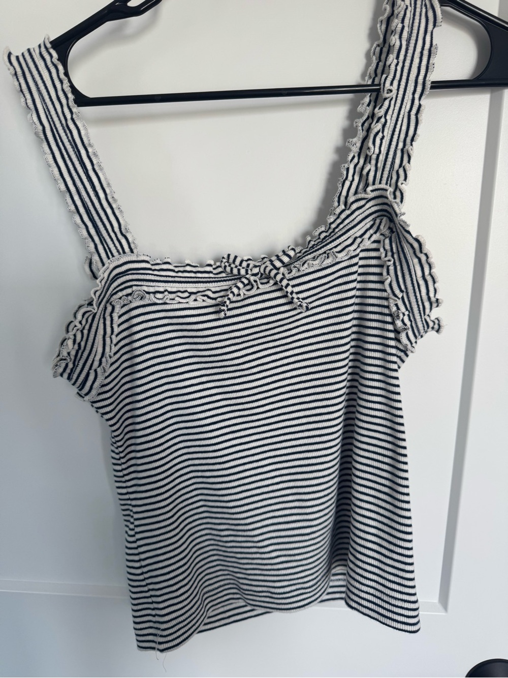 Maeve Black and White Striped Ruffle-Trim Tank